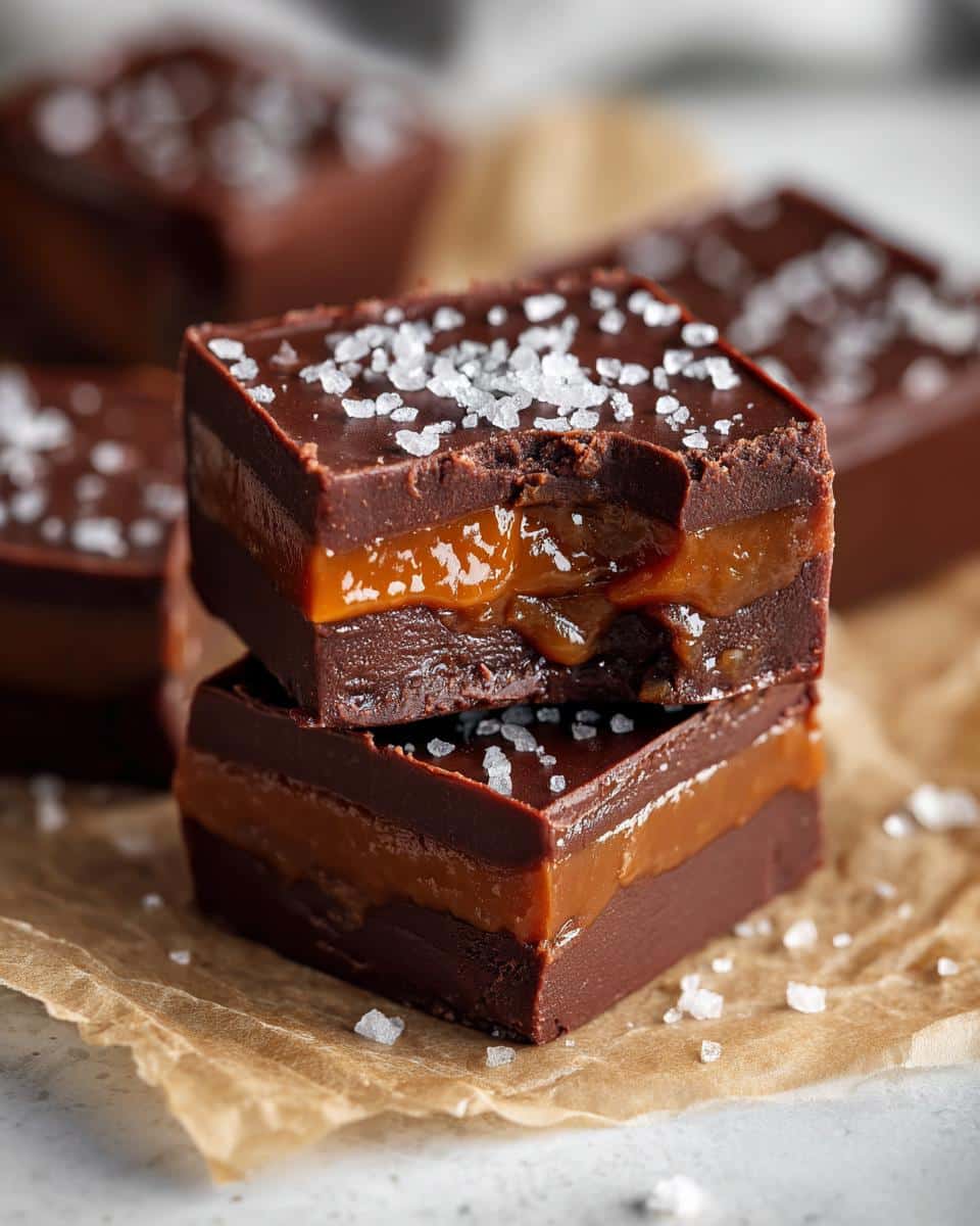Close-up of two pieces of Salted Caramel Fudge stacked, showing the rich chocolate and gooey caramel layers, topped with sea salt.