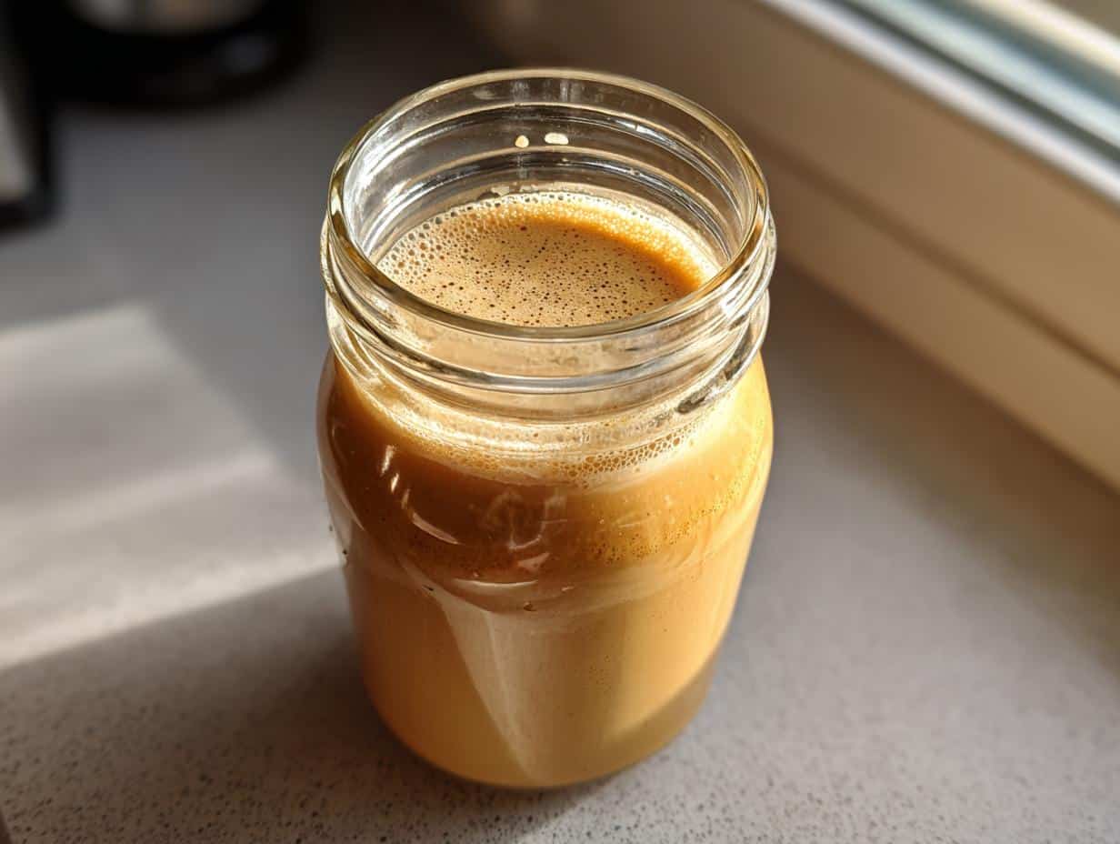 A glass jar filled with frothy Salted Caramel Irish Cream, catching the sunlight.