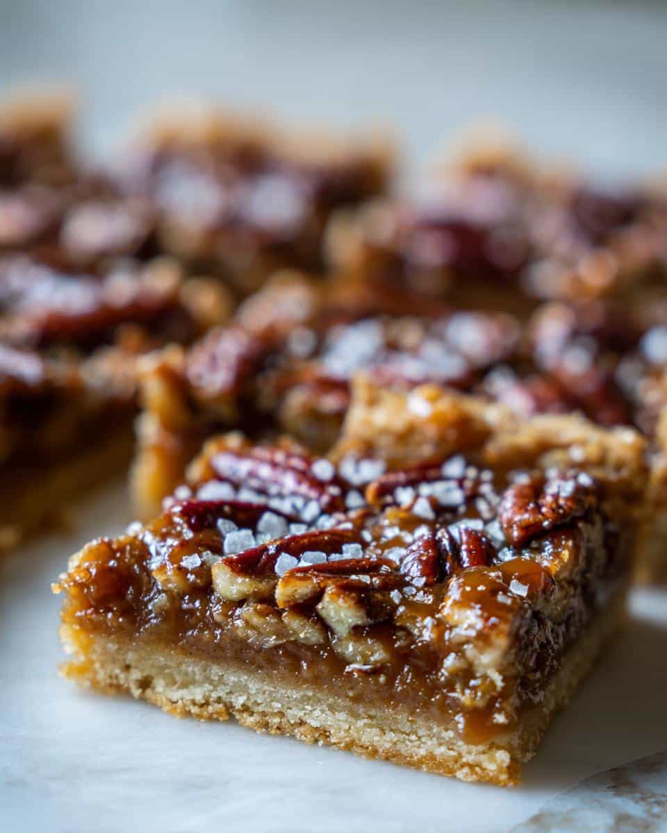 Irresistible Salted Caramel Pecan Pie Bars in 5 Easy Steps 3 Close-up of a Salted Caramel Pecan Pie Bar showing a flaky crust, gooey caramel, pecans, and flaky sea salt.