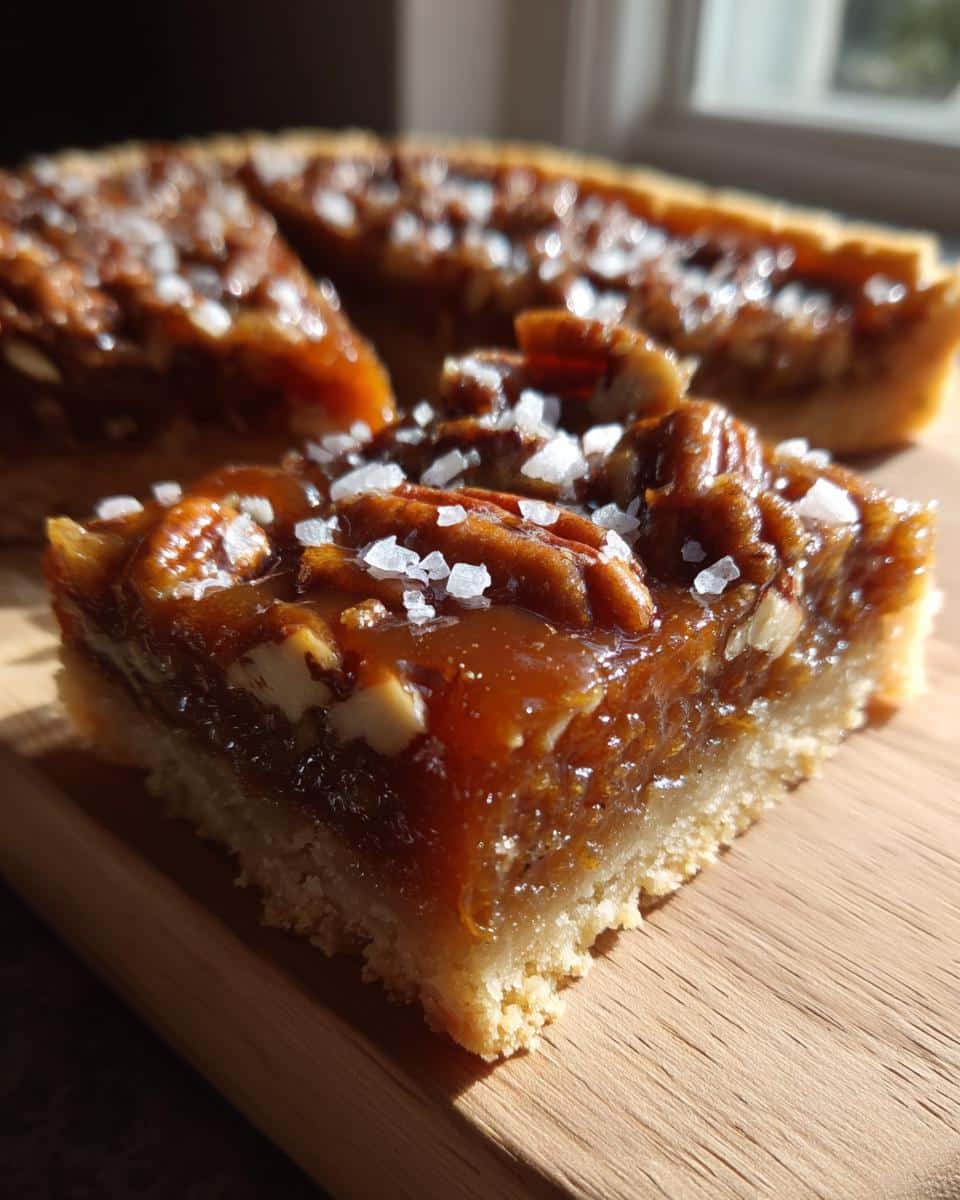 Irresistible Salted Caramel Pecan Pie Bars in 5 Easy Steps 4 A close-up of a Salted Caramel Pecan Pie Bar, showing the flaky crust, gooey caramel filling, and crunchy pecans topped with sea salt.