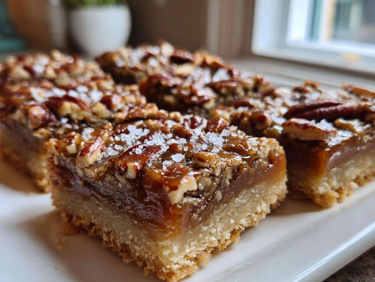 Irresistible Salted Caramel Pecan Pie Bars in 5 Easy Steps 1 Close-up of Salted Caramel Pecan Pie Bars on a white plate, showing layers of shortbread crust, gooey caramel, and toasted pecans with flaky sea salt.
