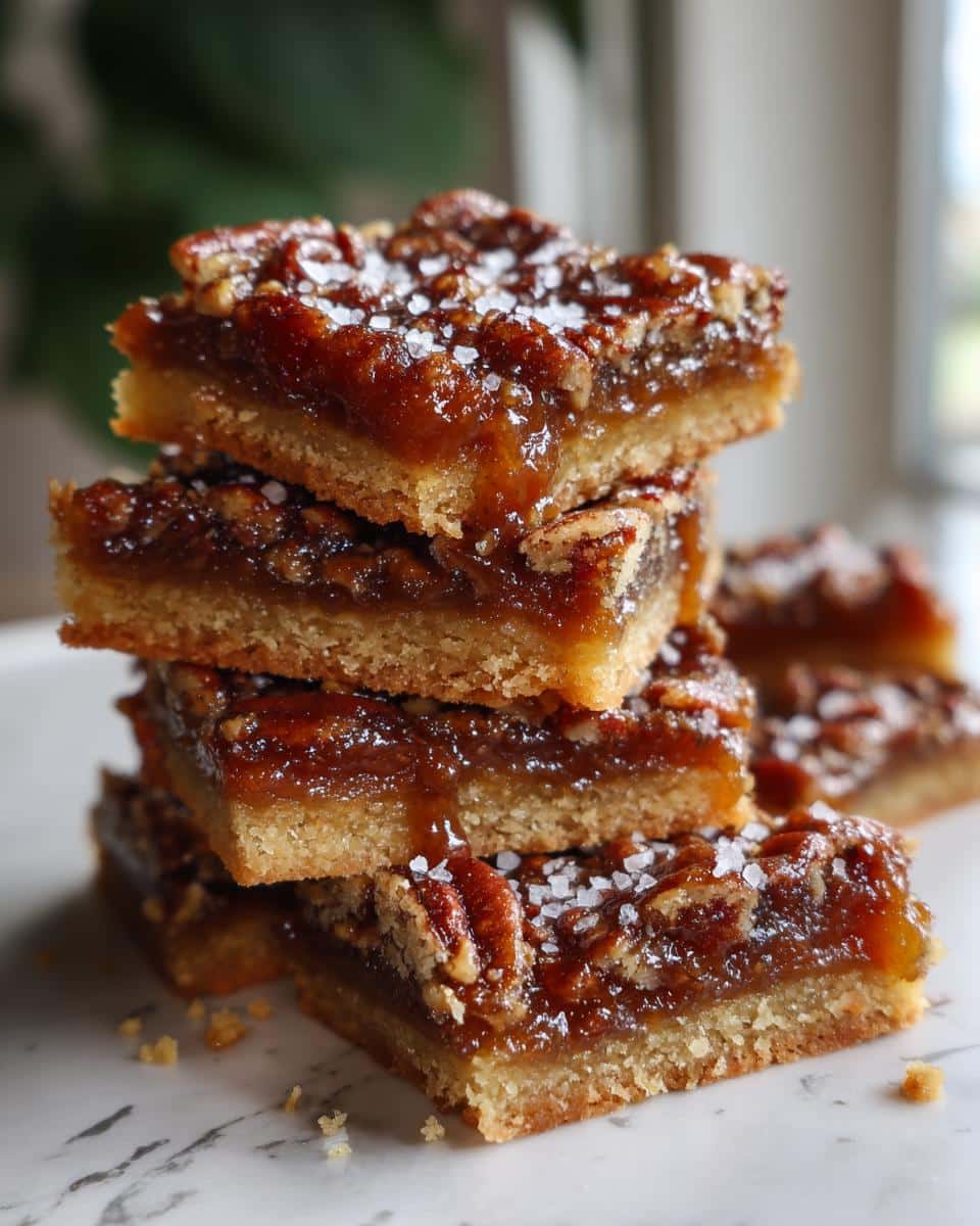 Irresistible Salted Caramel Pecan Pie Bars in 5 Easy Steps 5 A stack of delicious Salted Caramel Pecan Pie Bars, topped with flaky sea salt and crunchy pecans.