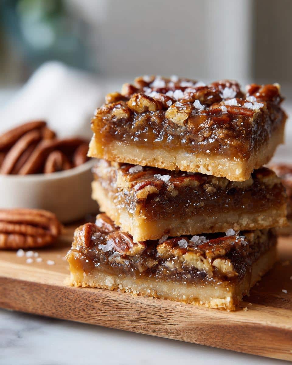 Irresistible Salted Caramel Pecan Pie Bars in 5 Easy Steps 2 A stack of three Salted Caramel Pecan Pie Bars topped with flaky sea salt and pecans.