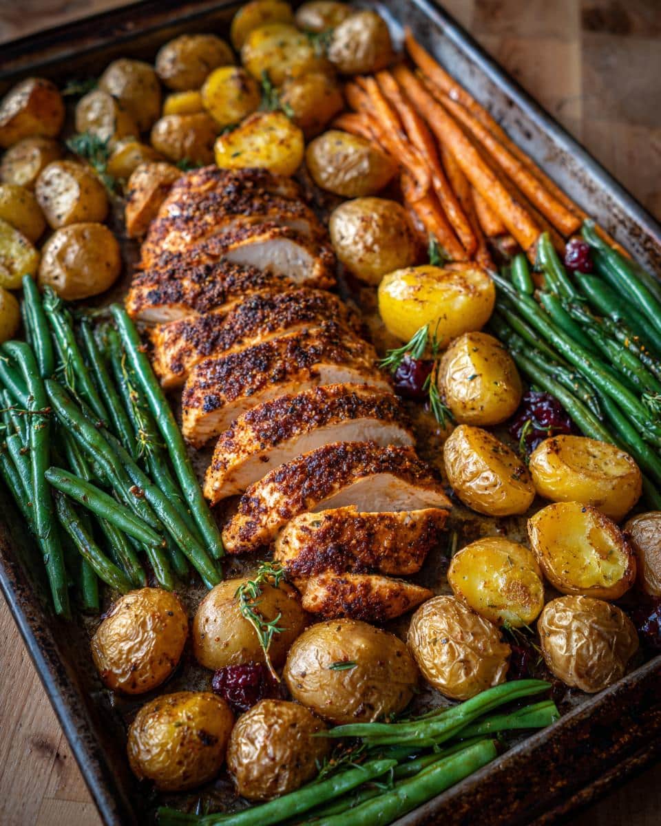 Juicy sliced Sheet Pan Turkey Tenderloins served with roasted baby potatoes, green beans, and carrots.