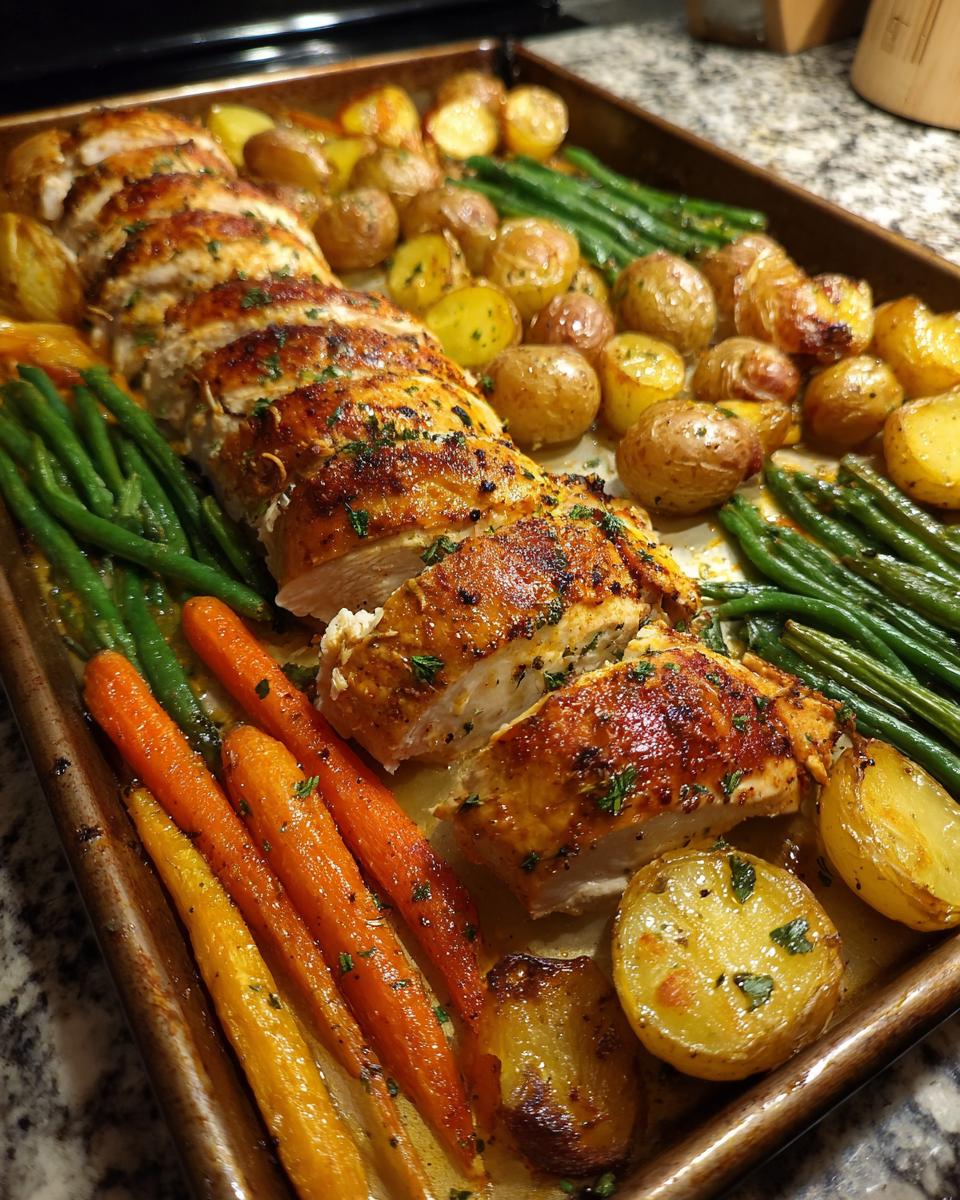 Juicy Sheet Pan Turkey Tenderloins sliced and served with roasted baby potatoes, carrots, and green beans.