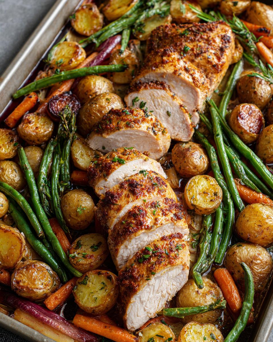 Close-up of juicy Sheet Pan Turkey Tenderloins sliced and served with roasted potatoes, green beans, and carrots.