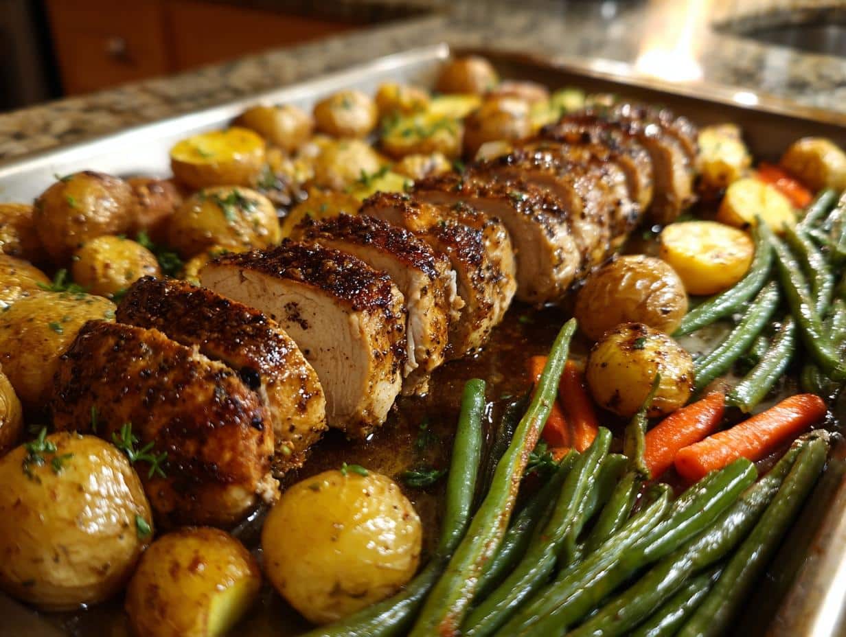 Close-up of sliced Sheet Pan Turkey Tenderloins with roasted potatoes, green beans, and carrots.