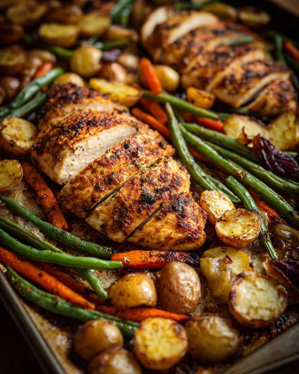 Close-up of sliced Sheet Pan Turkey Tenderloins with roasted potatoes, carrots, and green beans.