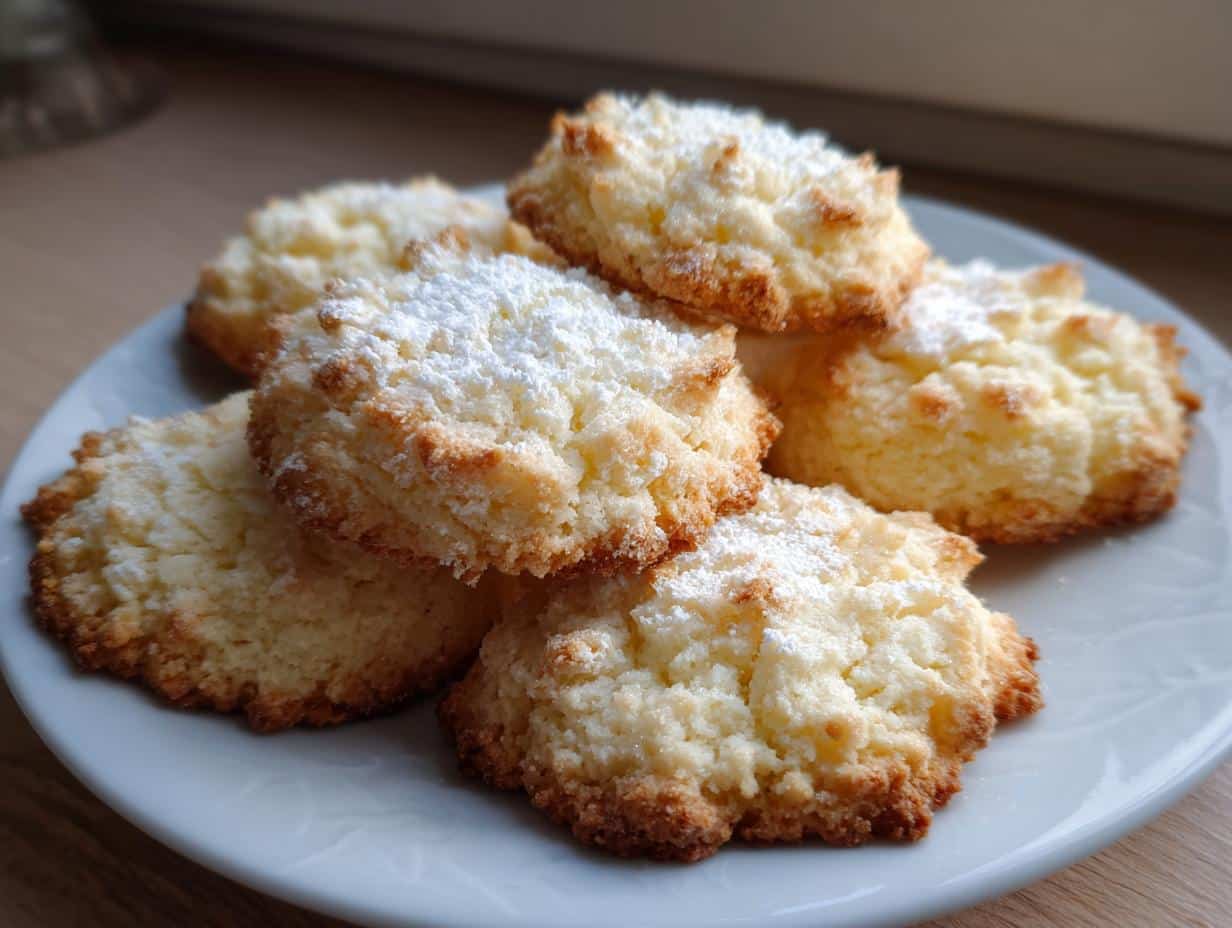 Easy Shortbread Cookies Recipe in 4 Simple Steps 1 Golden brown shortbread cookies dusted with powdered sugar on a white plate.