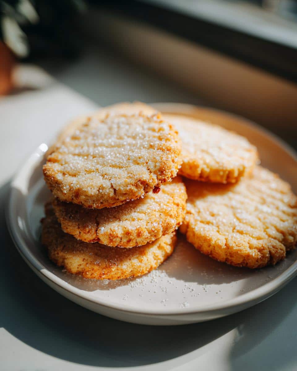 Easy Shortbread Cookies Recipe in 4 Simple Steps 2 A stack of golden-brown shortbread cookies dusted with sugar on a plate.