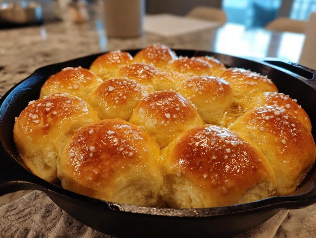 Close-up of golden brown Skillet Butter Rolls baked in a cast iron pan, sprinkled with coarse salt.
