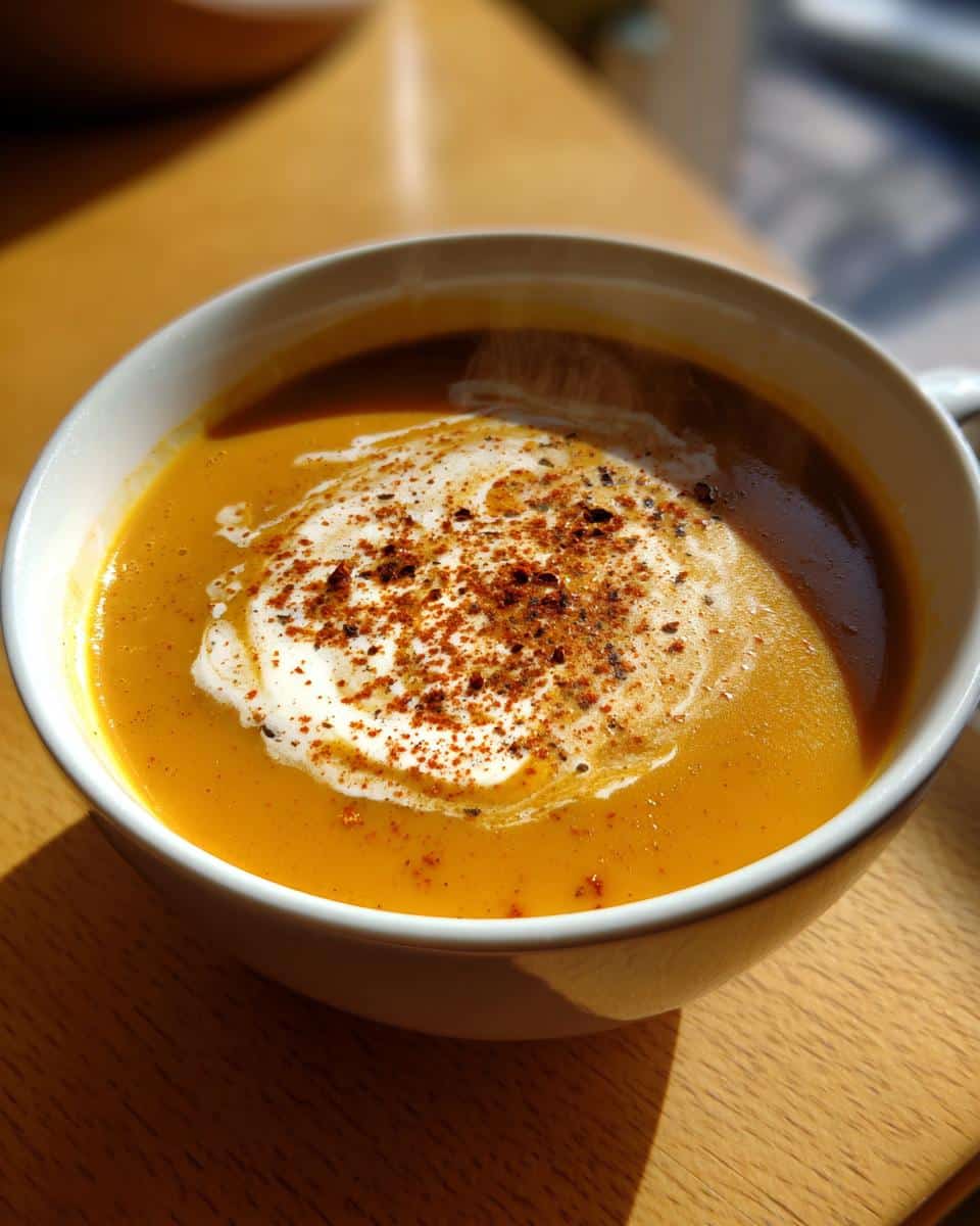 A steaming bowl of Smoky Paprika Butternut Squash Soup, topped with cream and sprinkled paprika.