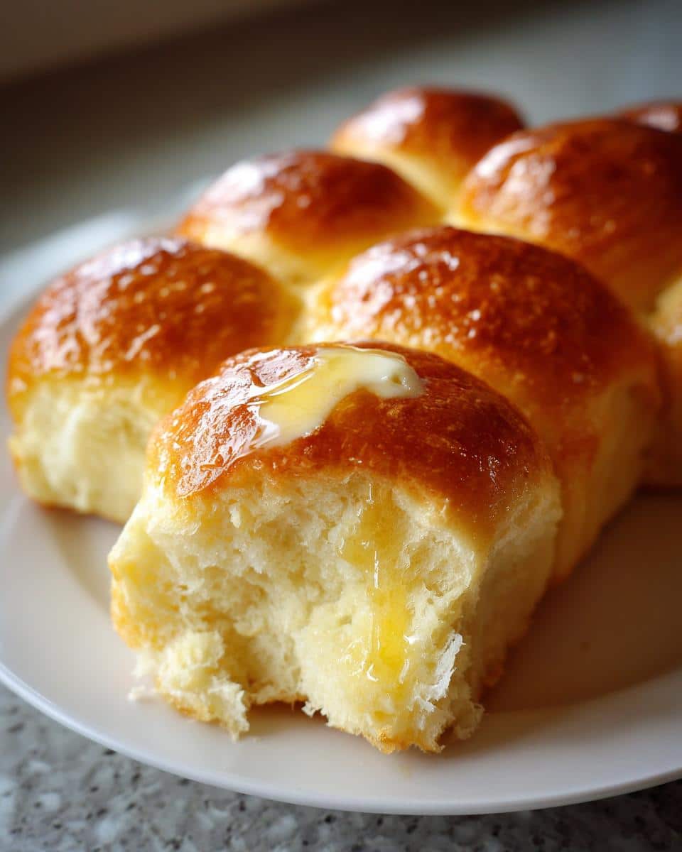 Fluffy Soft Dinner Rolls with Honey Butter - 15-Minute Magic 4 Close-up of a fluffy soft dinner roll with honey butter melting into it. A bite has been taken out.