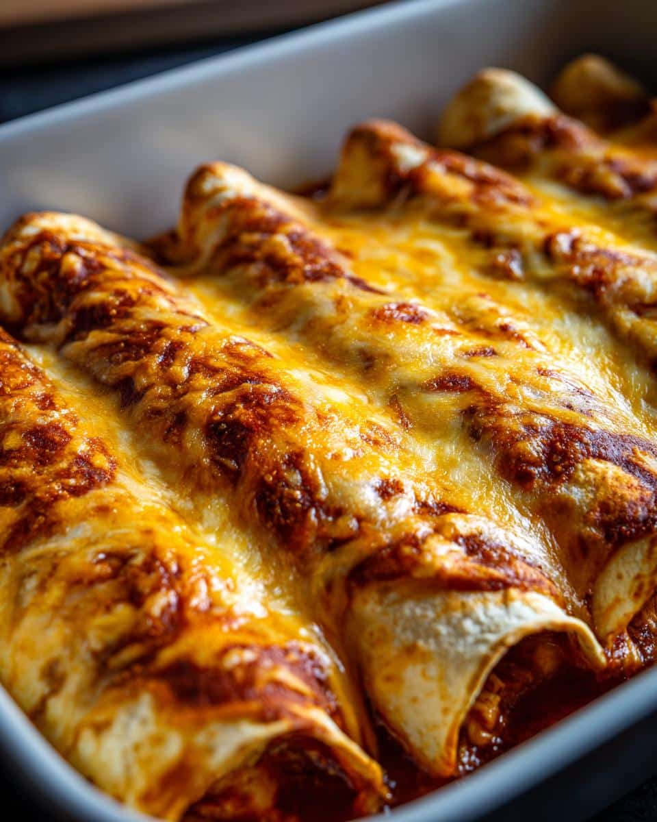 Creamy Sour Cream Chicken Enchiladas Ready in 45 Minutes 5 Close-up of baked Sour Cream Chicken Enchiladas covered in melted cheese and red sauce.