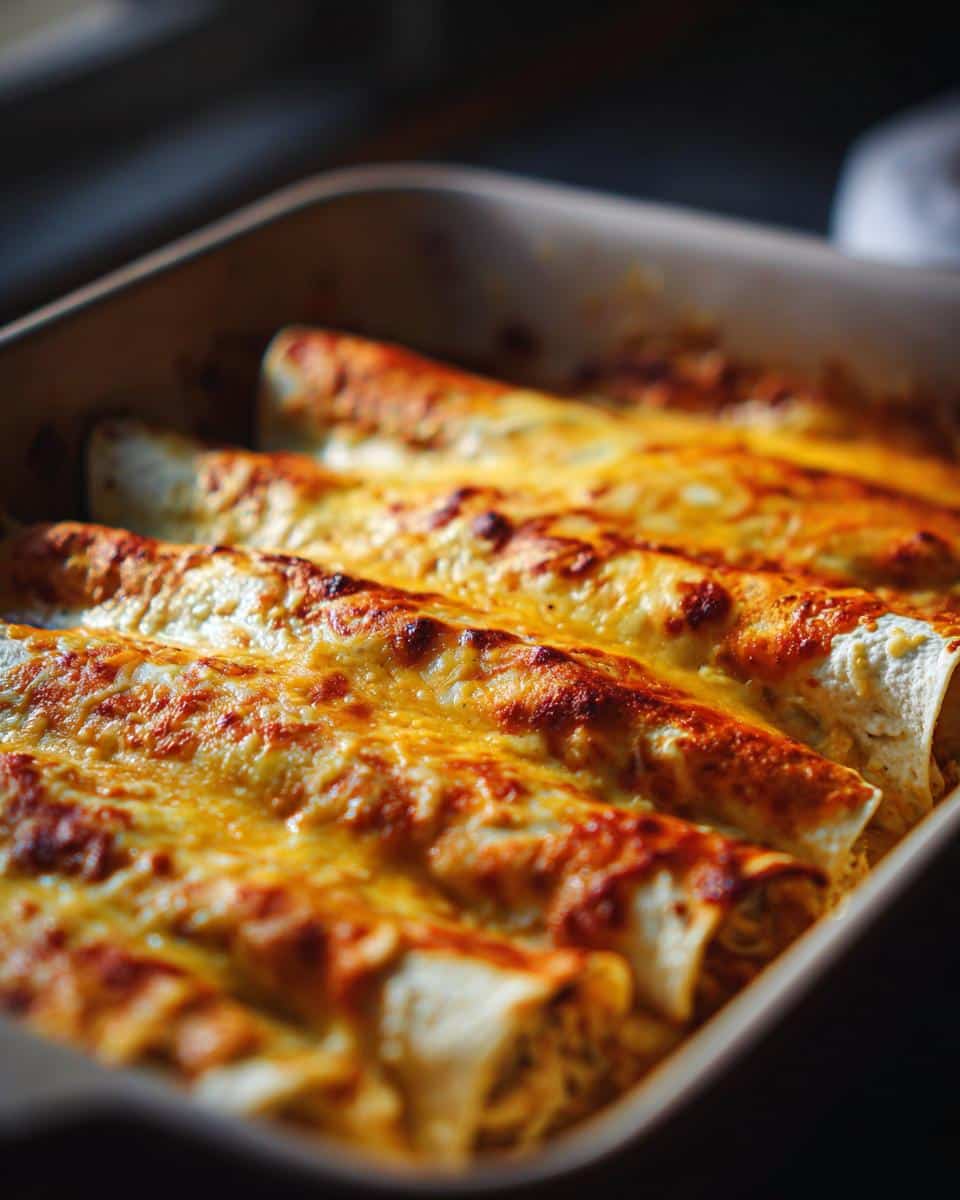 Creamy Sour Cream Chicken Enchiladas Ready in 45 Minutes 3 Close-up of baked Sour Cream Chicken Enchiladas in a casserole dish, topped with melted, bubbly cheese.