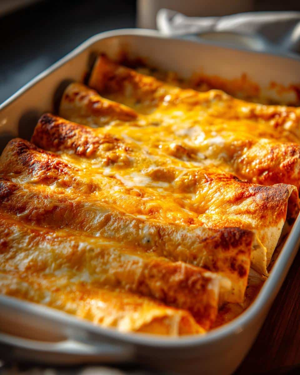 Creamy Sour Cream Chicken Enchiladas Ready in 45 Minutes 4 Close-up of baked Sour Cream Chicken Enchiladas covered in melted cheese in a white baking dish.