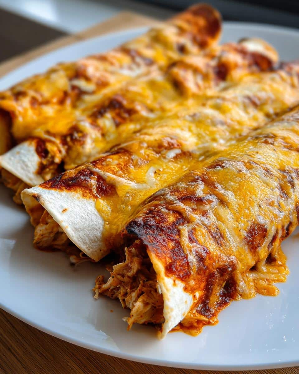 Creamy Sour Cream Chicken Enchiladas Ready in 45 Minutes 2 A close-up of three Sour Cream Chicken Enchiladas on a white plate, covered in melted cheese and enchilada sauce.