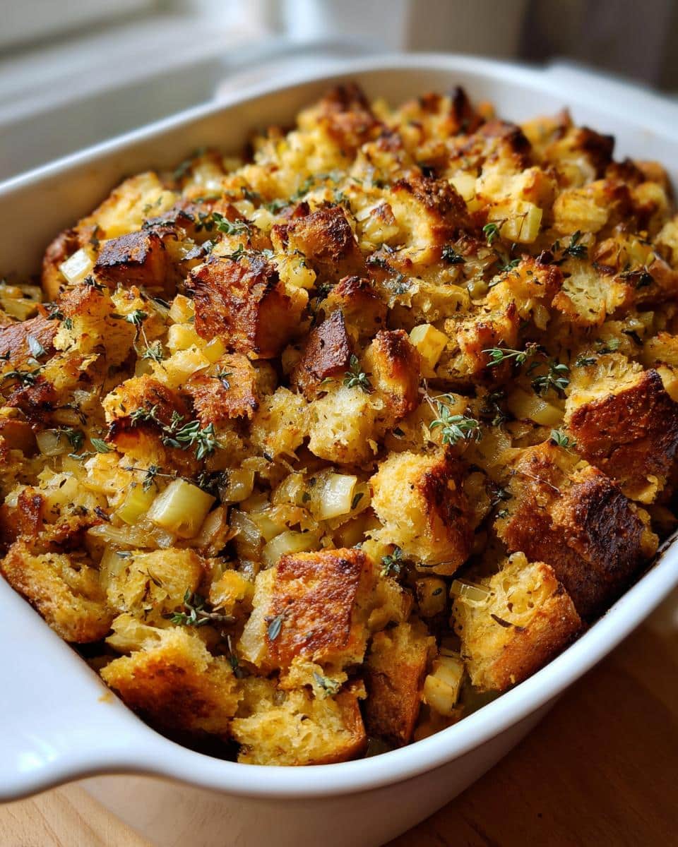 Close-up of golden-brown Sourdough Apple Stuffing baked in a white ceramic dish, garnished with fresh thyme.