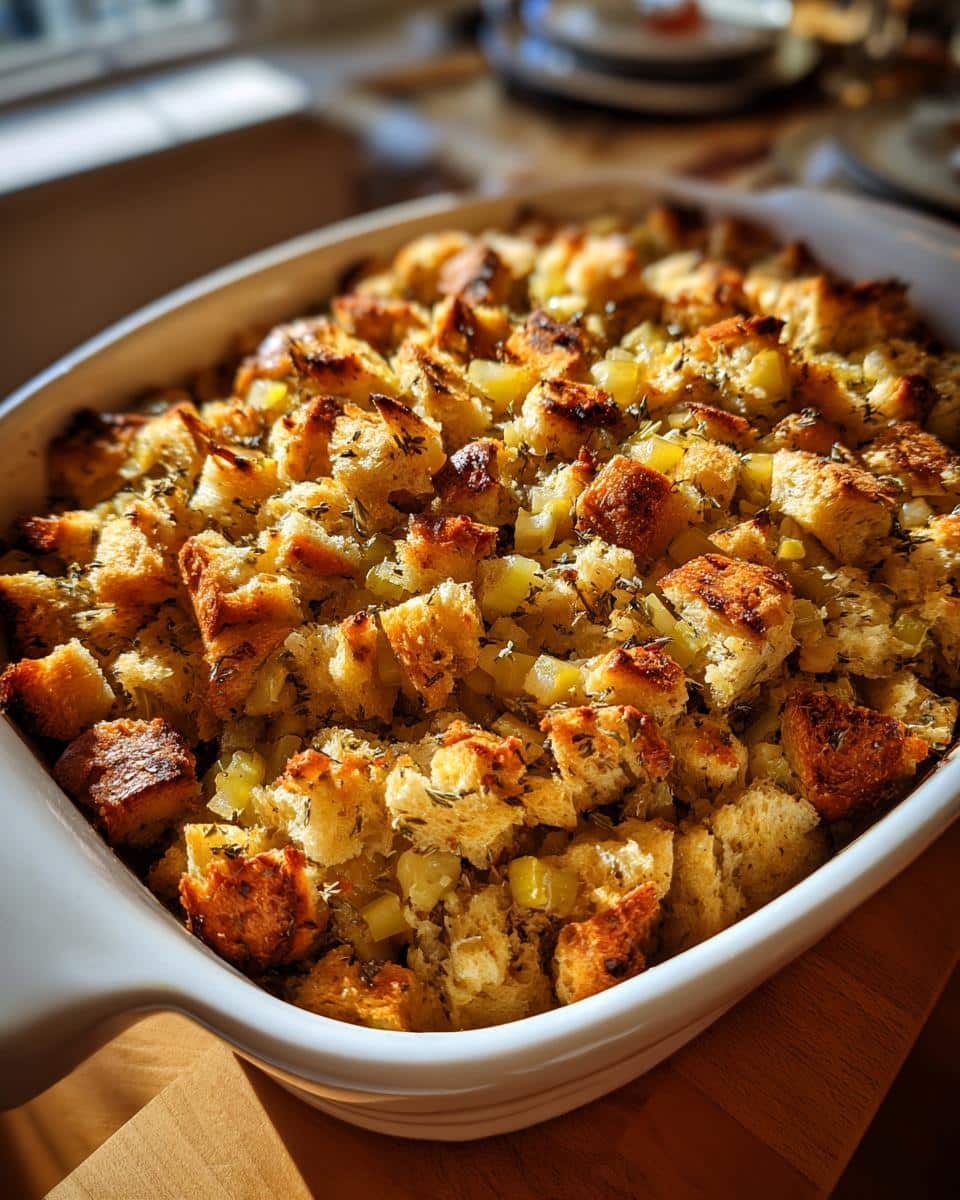 Close-up of a white baking dish filled with golden brown Sourdough Apple Stuffing, featuring cubes of bread and visible pieces of apple and herbs.