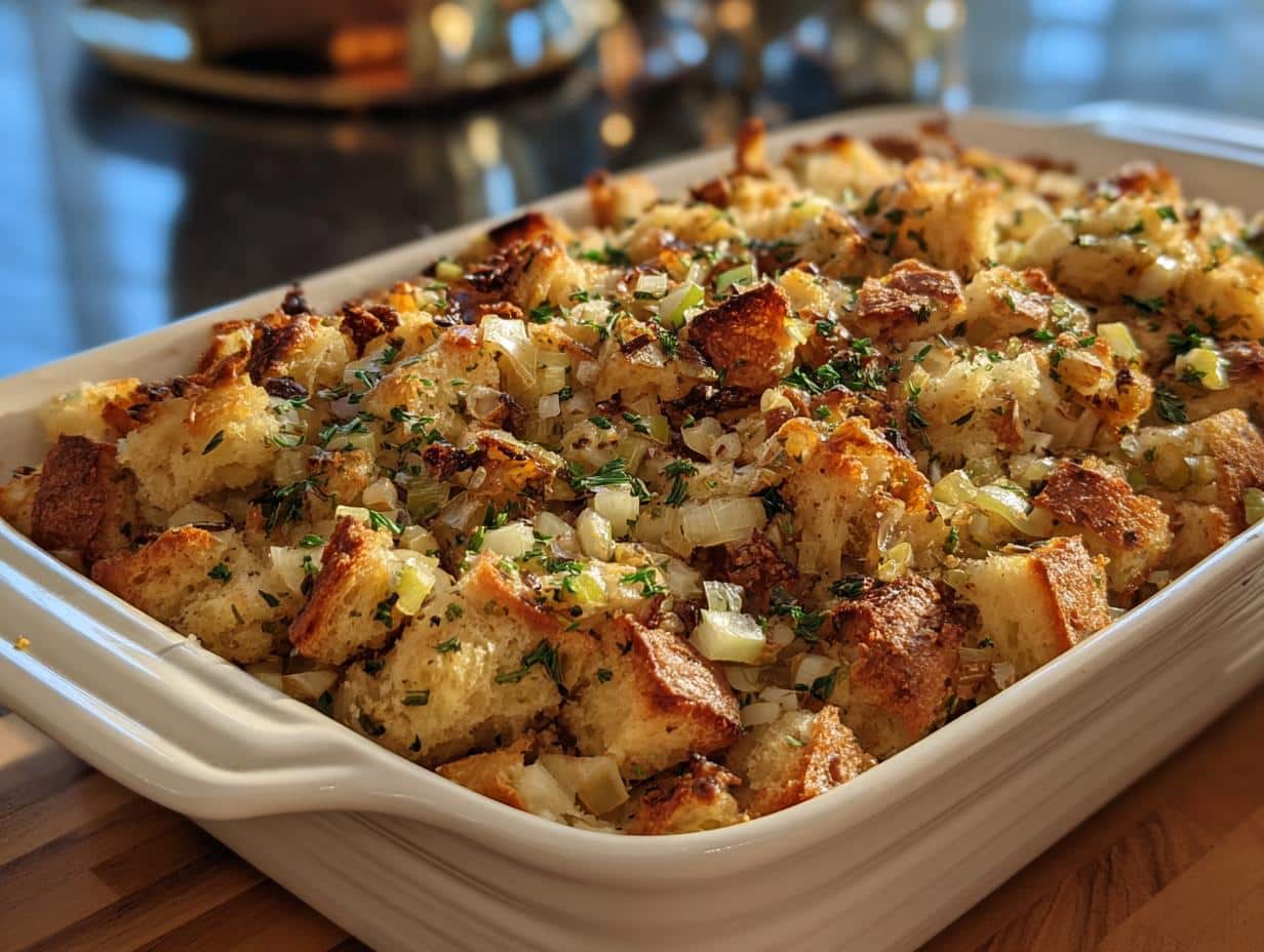 A close-up of a white baking dish filled with golden brown Sourdough Apple Stuffing, topped with fresh herbs.