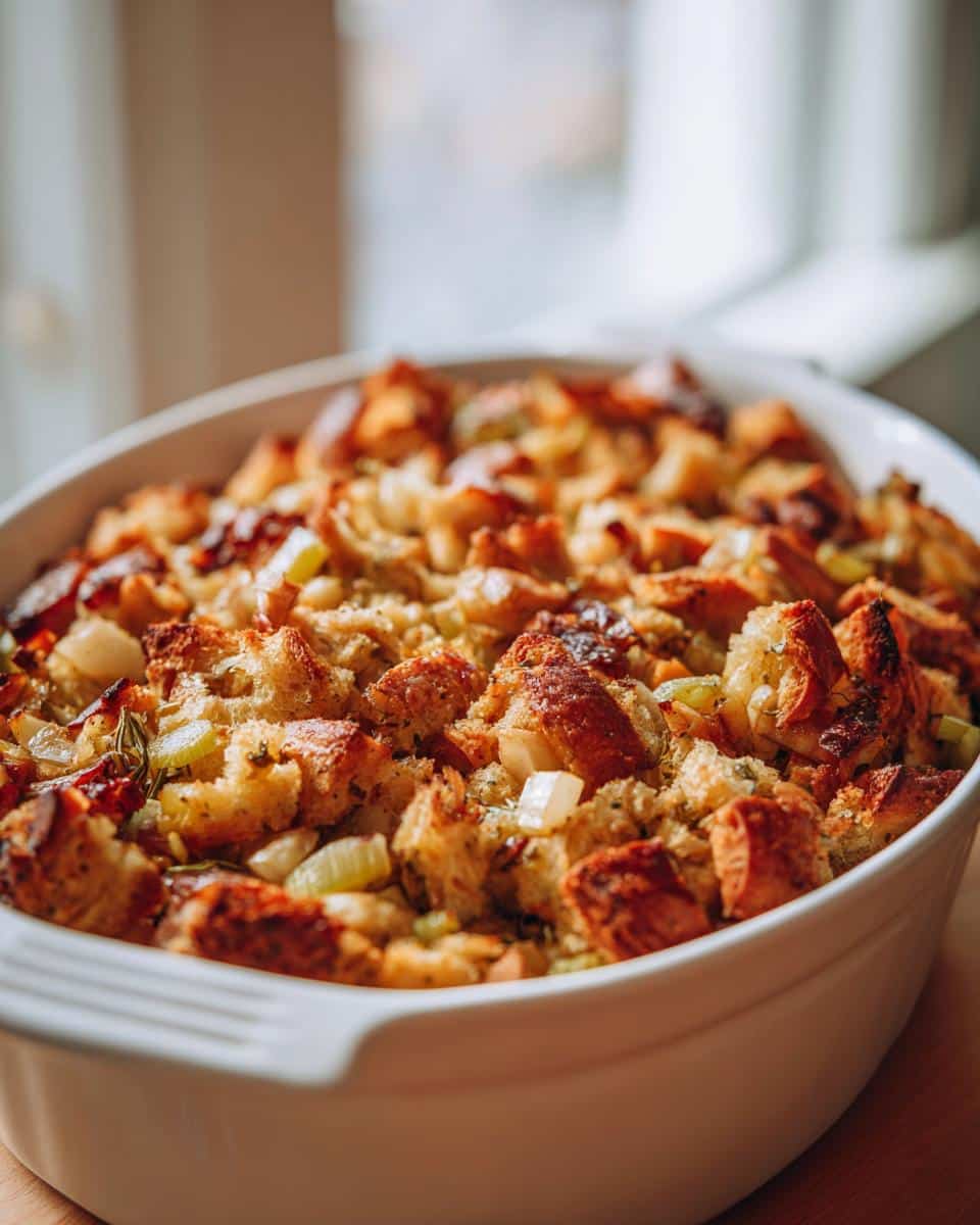 A close-up of a white baking dish filled with golden-brown Sourdough Apple Stuffing, showing chunks of bread, celery, and herbs.