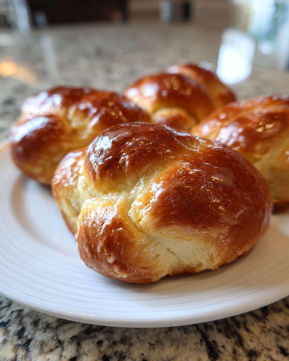 Close-up of golden-brown Sourdough Garlic Knots glistening with butter on a white plate.