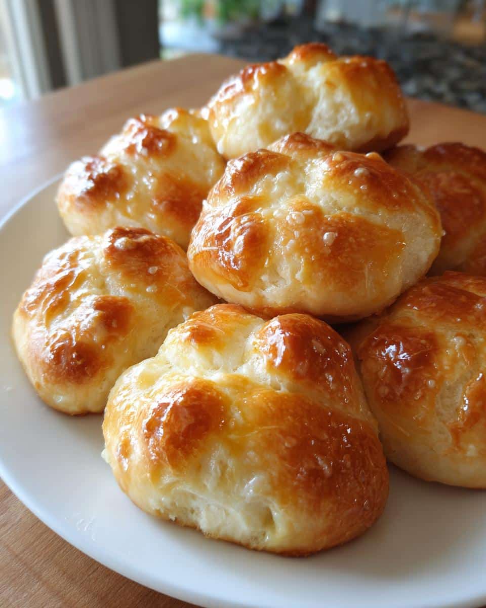 Close-up of golden-brown sourdough garlic knots, glistening with butter and garlic, piled on a white plate.