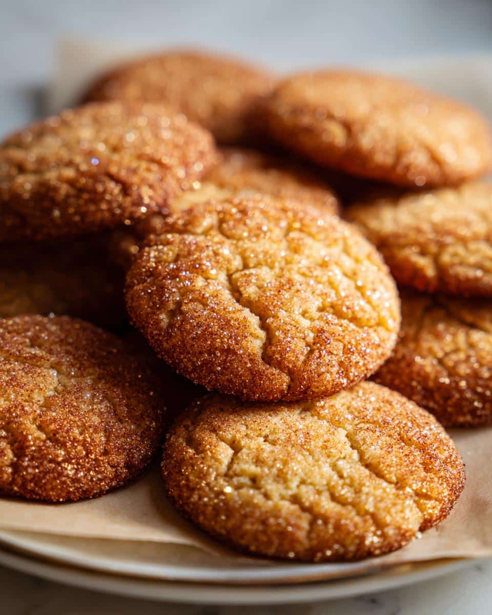 A close-up of a pile of freshly baked Sparkling Sugar Cookies with Vanilla Bean, coated in shimmering sugar.