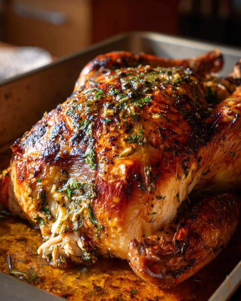 A perfectly roasted Spatchcock Turkey with Garlic and Herbs, glistening in its juices in a roasting pan.