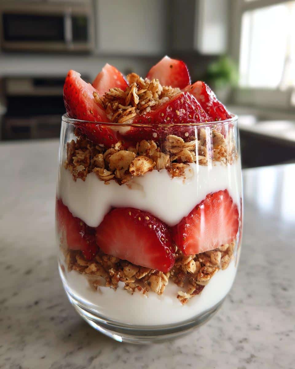 A layered Strawberry Yogurt Parfait in a glass, featuring creamy yogurt, fresh strawberries, and crunchy granola.