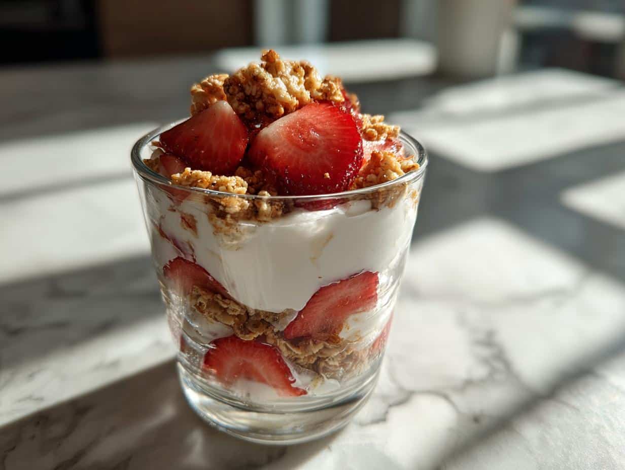 A close-up of a layered Strawberry Yogurt Parfait in a clear glass, featuring fresh strawberries, creamy yogurt, and crunchy granola.