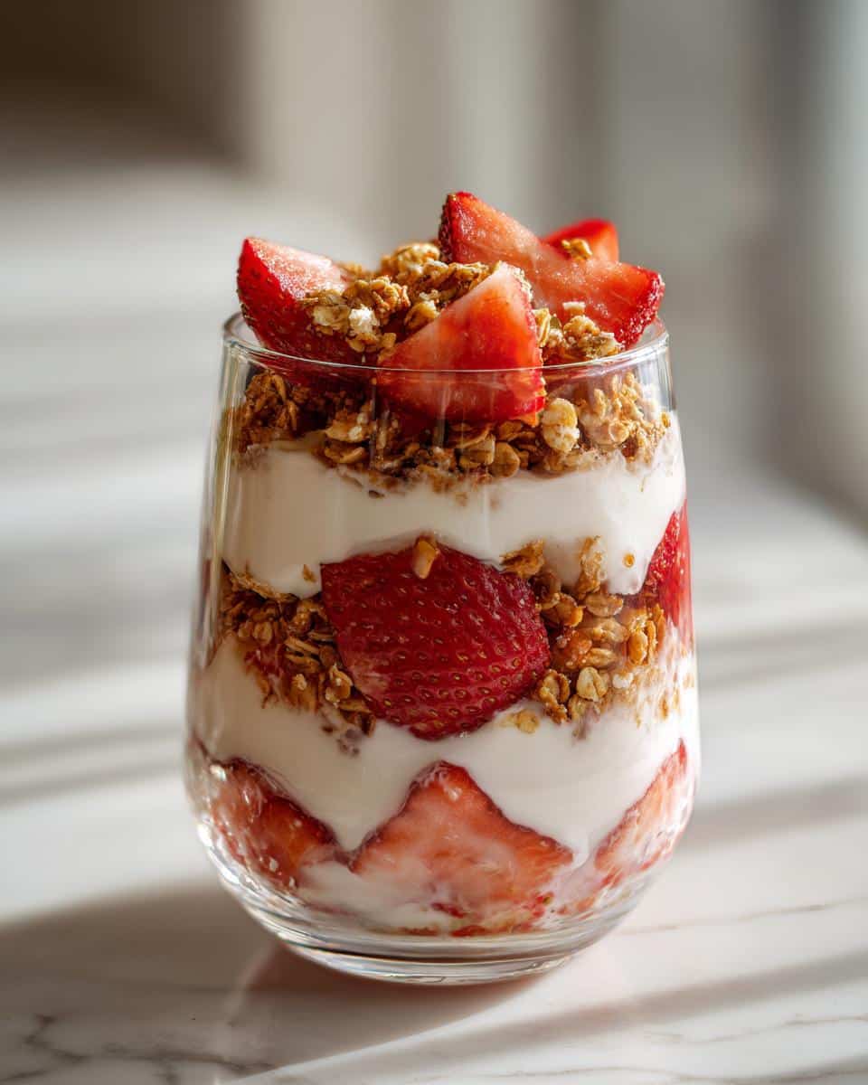 A tall glass filled with layers of creamy yogurt, fresh strawberries, and crunchy granola, showcasing a perfect Strawberry Yogurt Parfait.