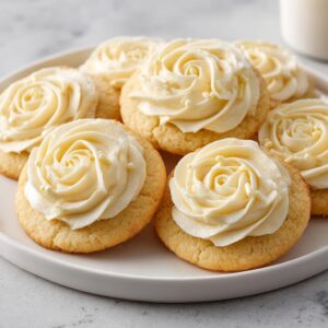 3 Secrets to Perfect Sugar Cookies with Buttercream Rosettes 6 A plate of delicious sugar cookies topped with creamy buttercream rosettes and a few sprinkles.