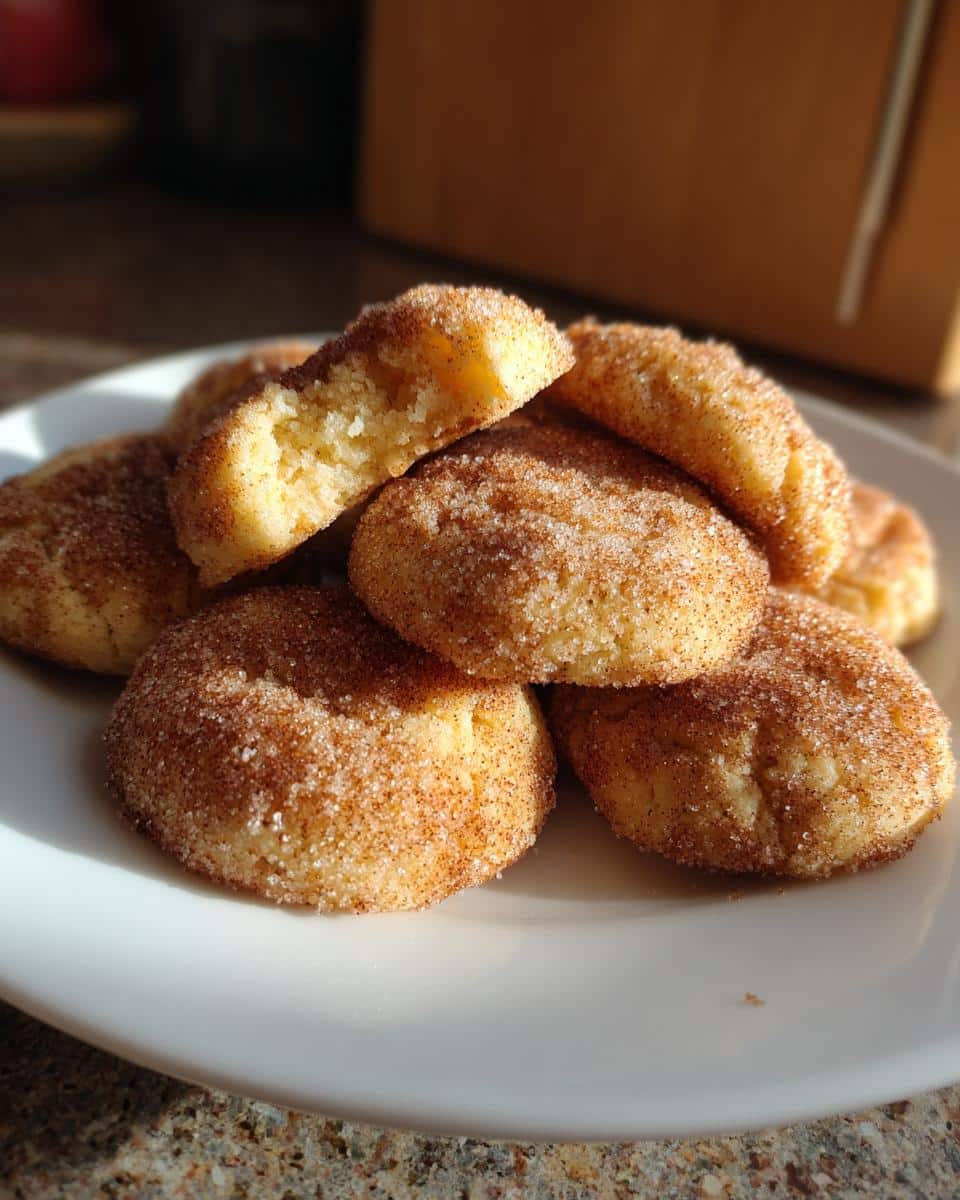 A pile of freshly baked Sugar Cookies with Cinnamon Sugar Dusting on a white plate, one cookie broken in half.
