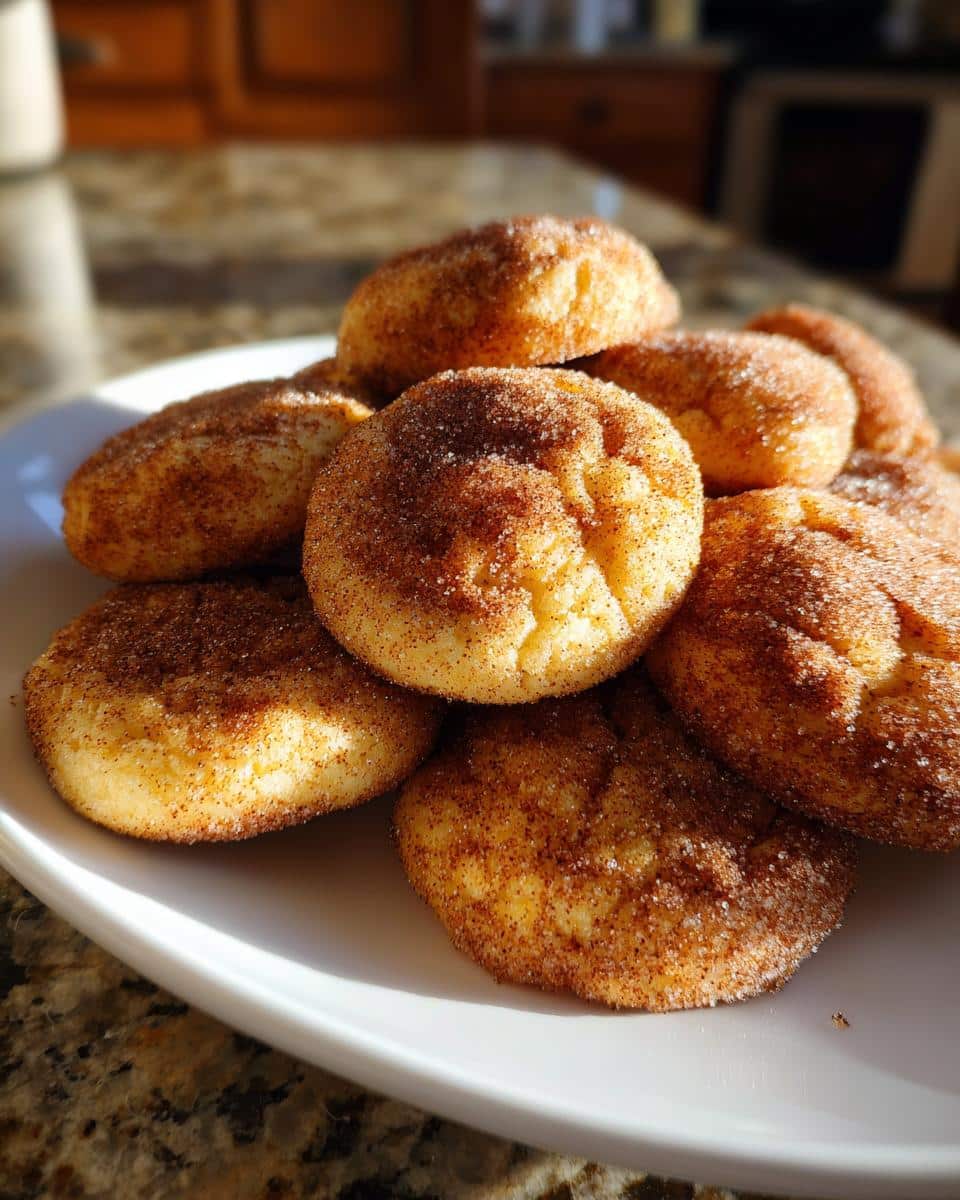 A pile of freshly baked Sugar Cookies with Cinnamon Sugar Dusting on a white plate.