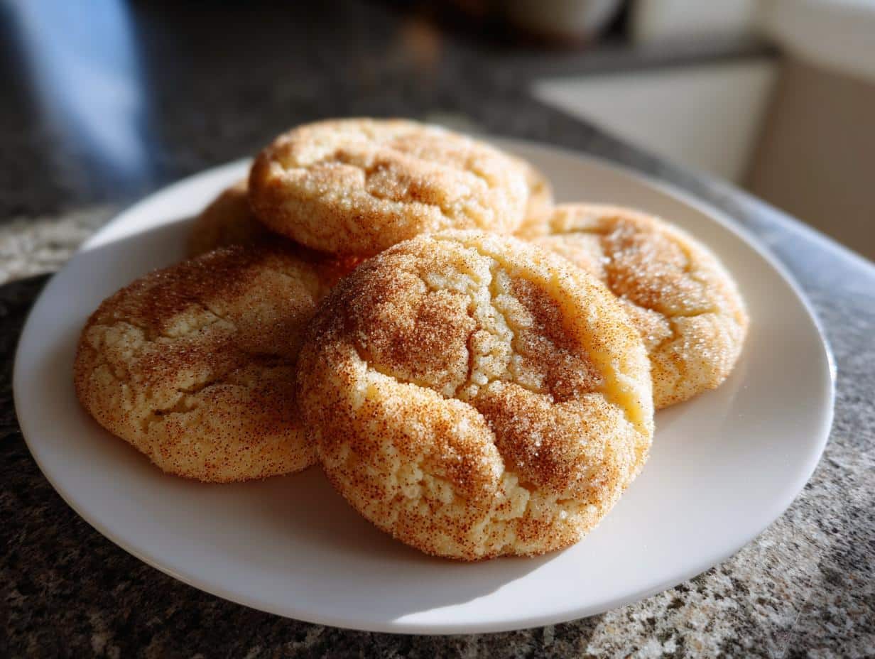A stack of freshly baked Sugar Cookies with Cinnamon Sugar Dusting on a white plate.