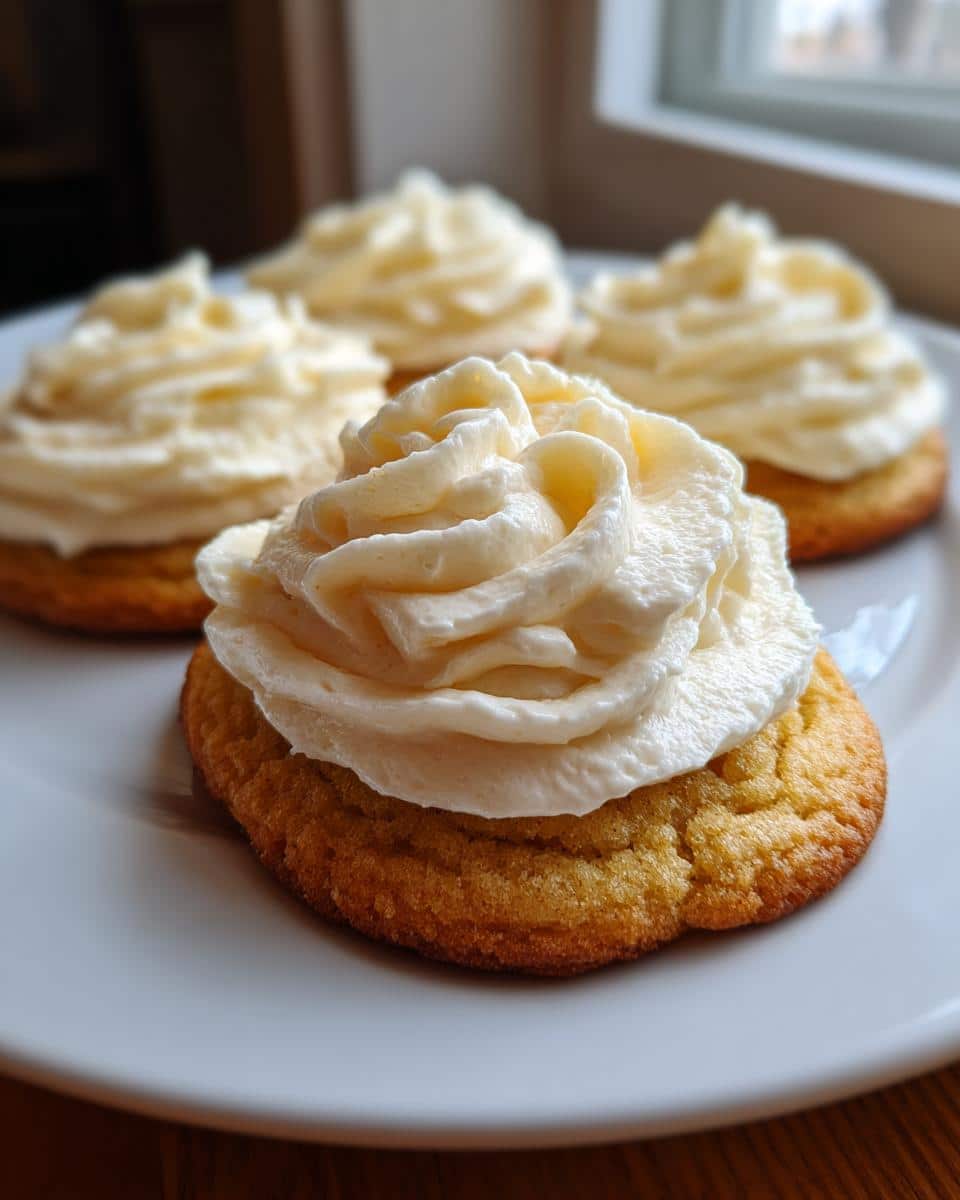 Close-up of soft sugar cookies topped with swirls of creamy cream cheese frosting.