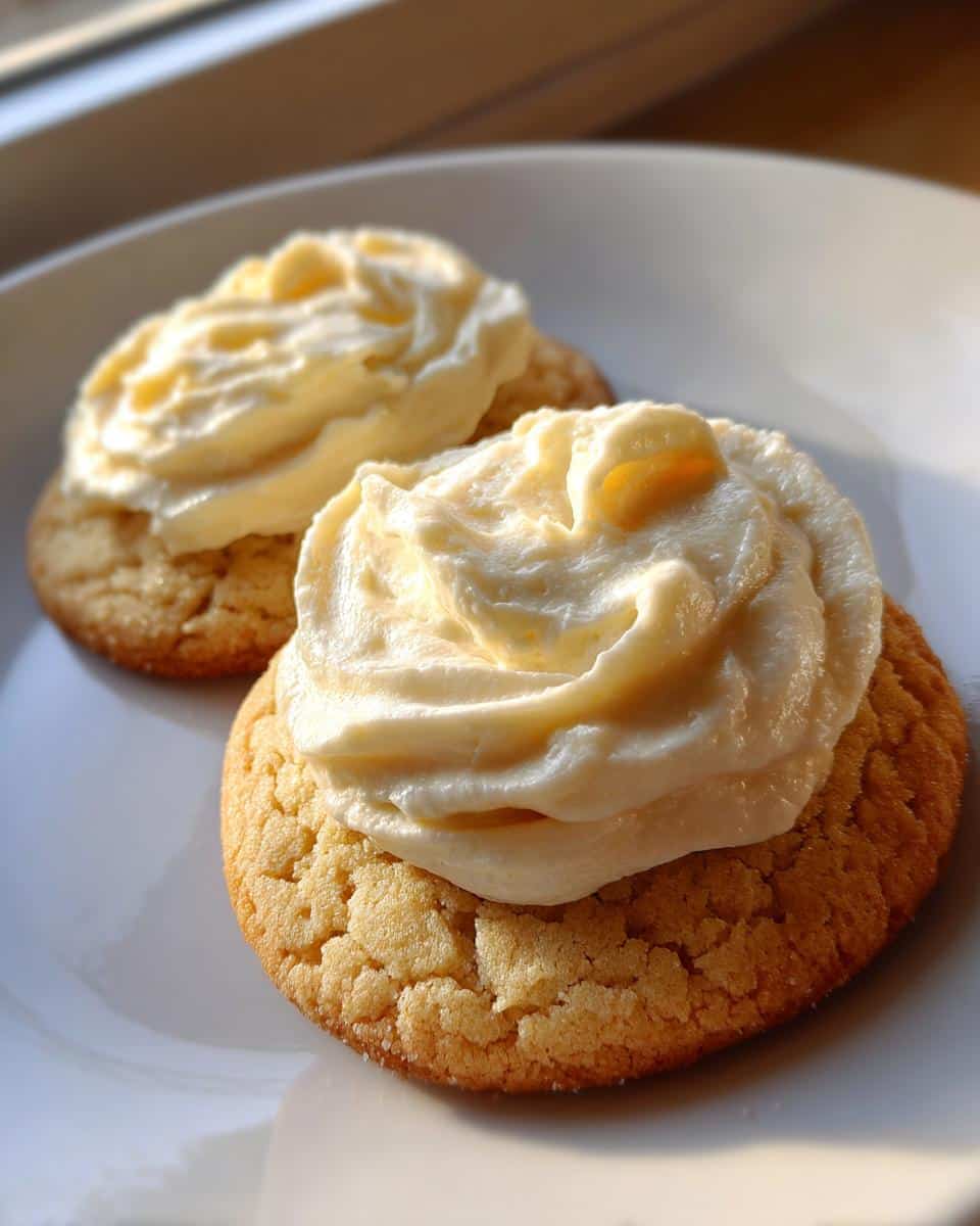 Two soft sugar cookies topped with creamy cream cheese frosting, presented on a white plate.