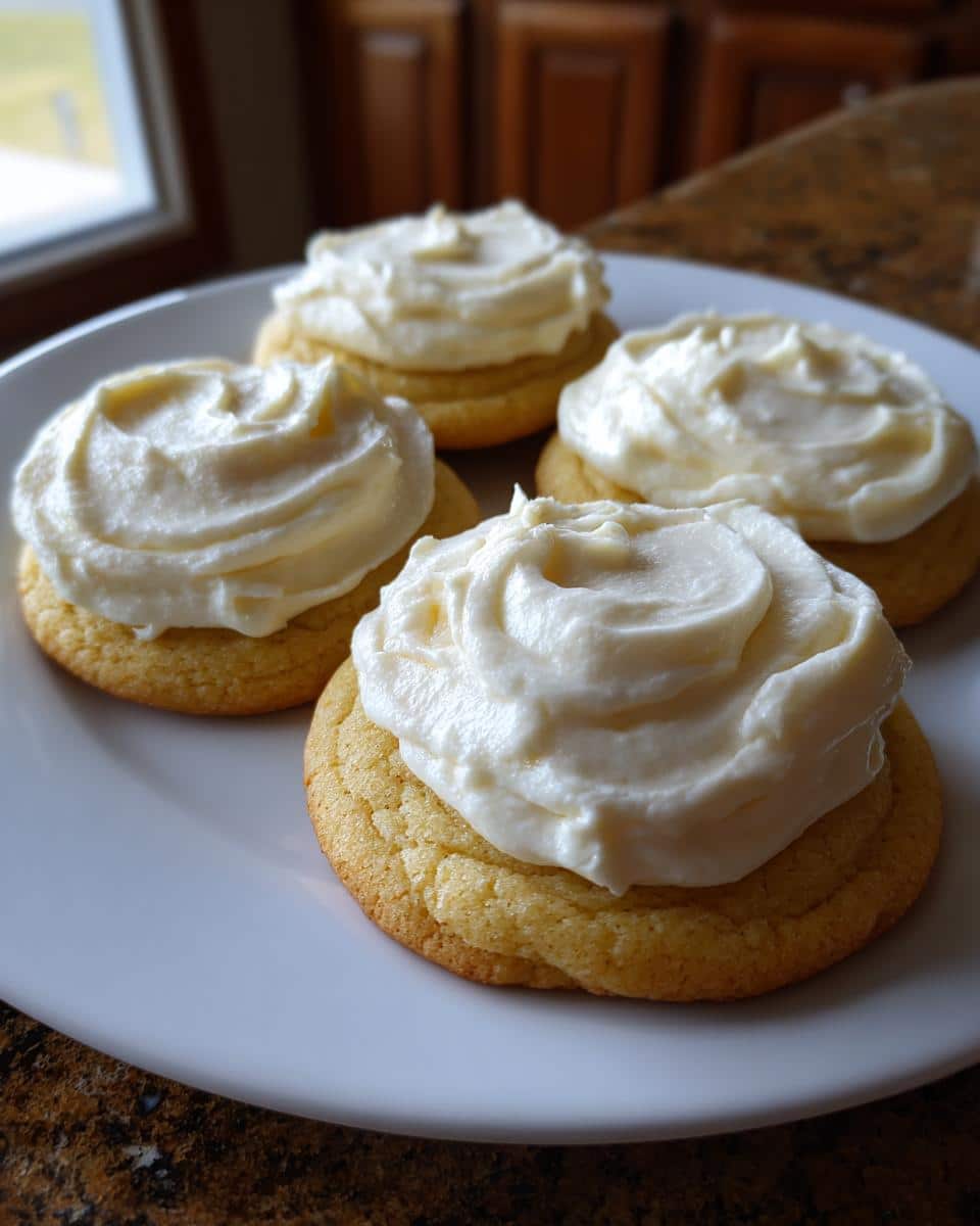 Four soft sugar cookies topped with generous swirls of cream cheese frosting on a white plate.