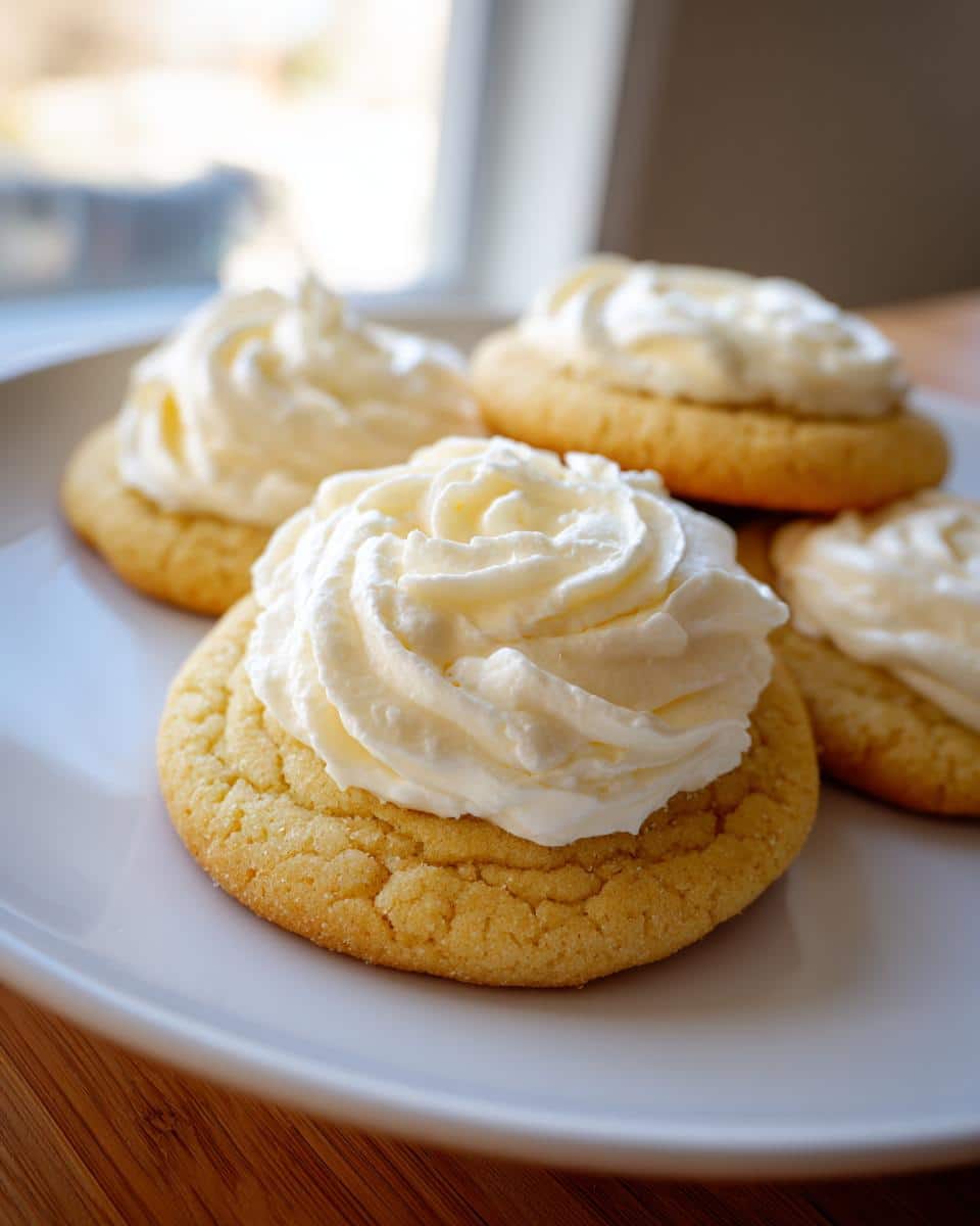 Close-up of soft sugar cookies topped with swirls of creamy cream cheese frosting on a white plate.