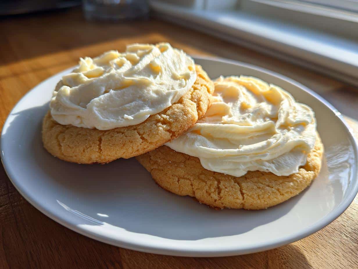 Two soft sugar cookies generously topped with fluffy cream cheese frosting on a white plate.
