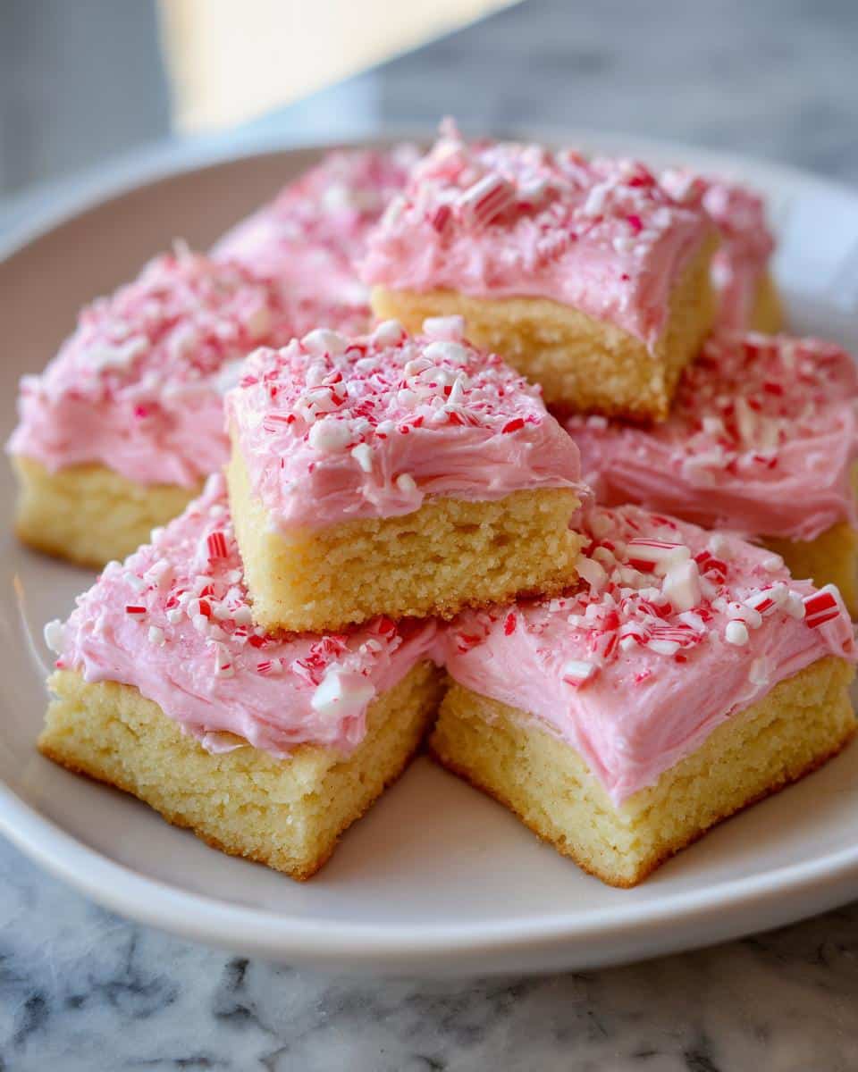 Close-up of square sugar cookies topped with pink peppermint frosting and crushed candy canes.