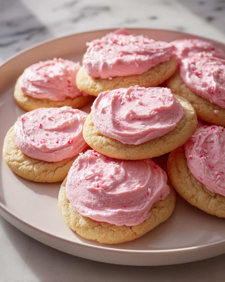 A stack of delicious sugar cookies topped with fluffy pink peppermint frosting and crushed candy cane pieces.