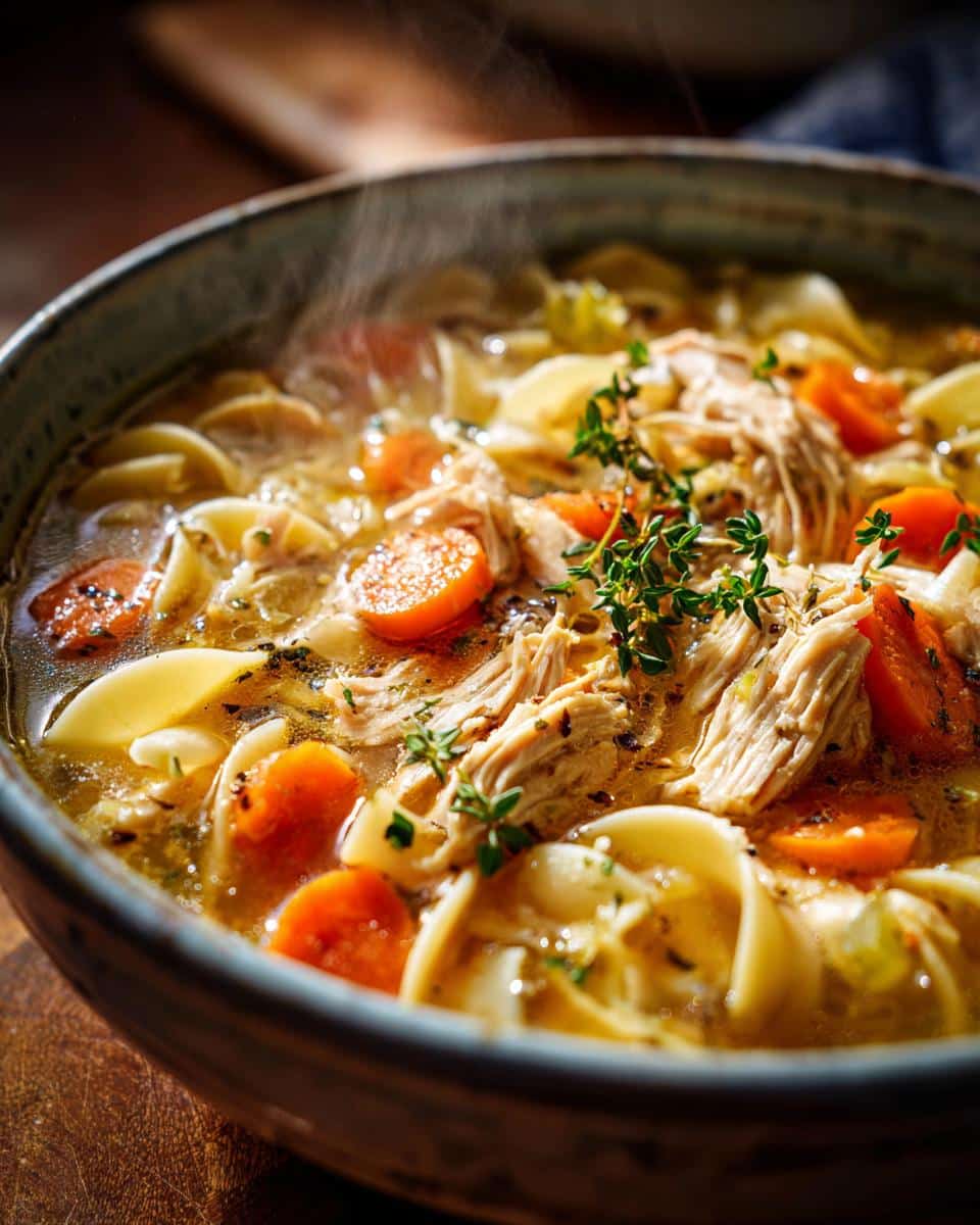A steaming bowl of Turkey Noodle Soup with Garlic and Thyme, featuring shredded turkey, noodles, carrots, and fresh thyme sprigs.