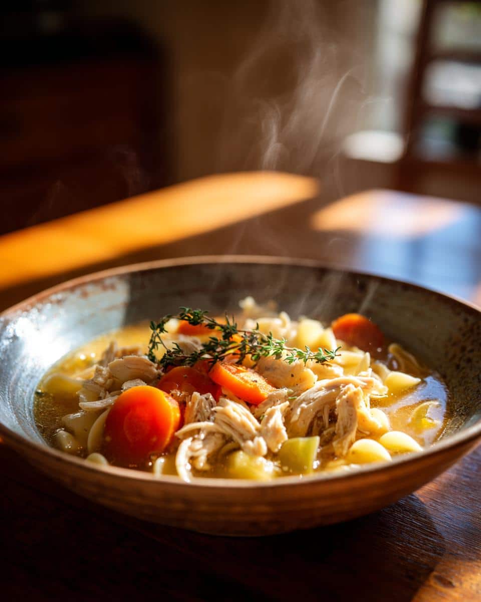 A steaming bowl of Turkey Noodle Soup with Garlic and Thyme, featuring shredded turkey, pasta shells, carrots, and fresh thyme sprigs.