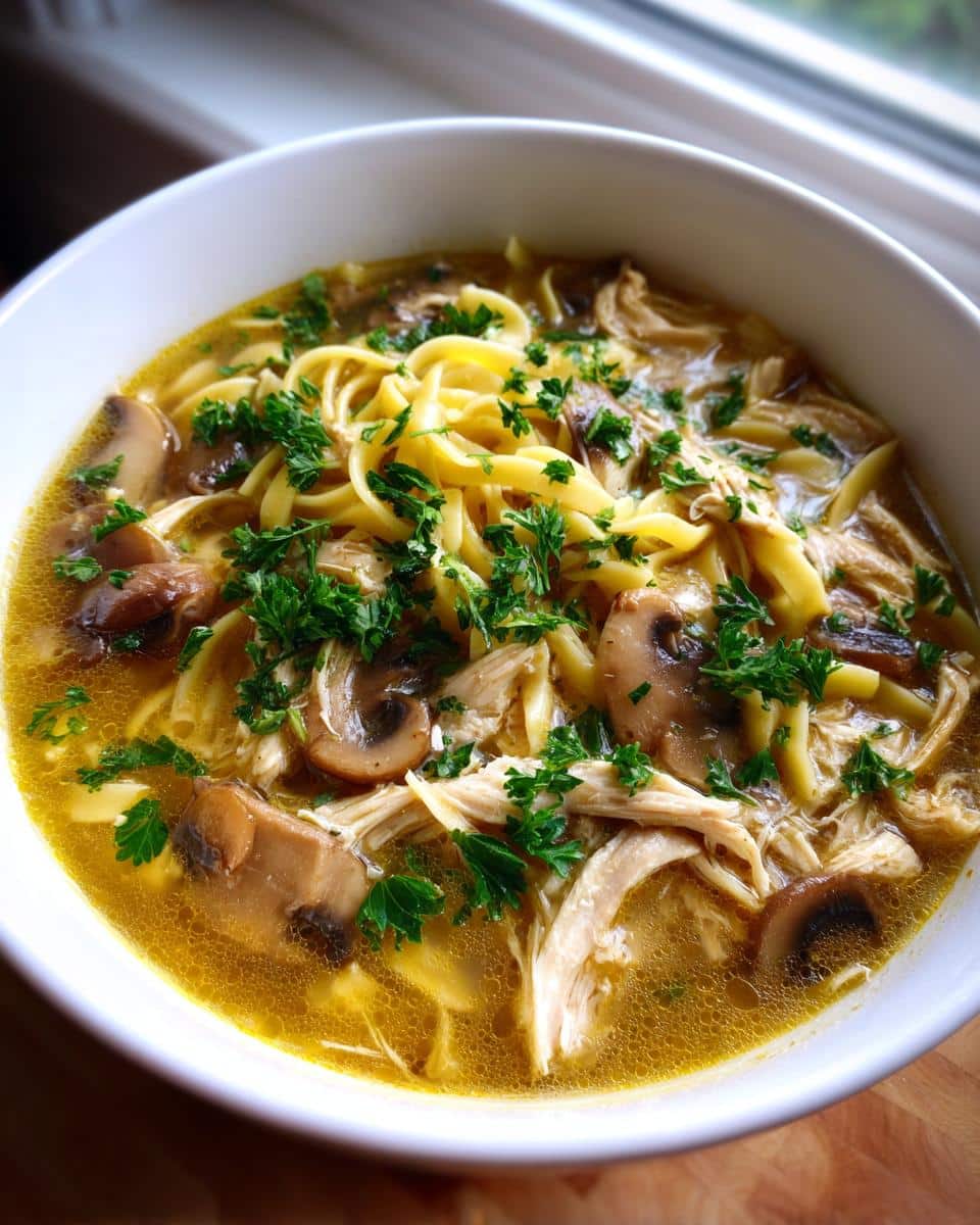 A close-up of a bowl of hearty Turkey Noodle Soup with Mushrooms, garnished with fresh parsley.