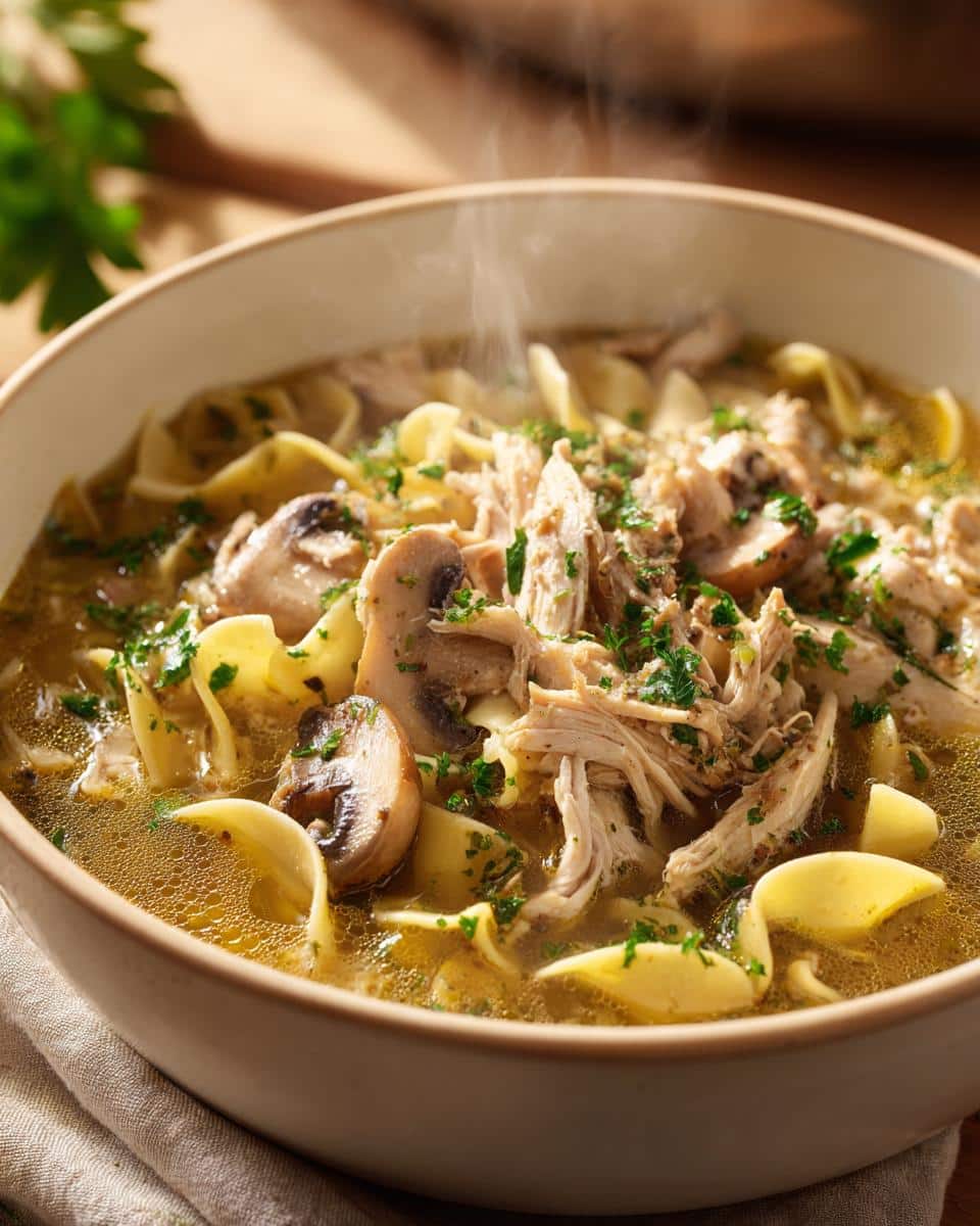 A steaming bowl of Turkey Noodle Soup with Mushrooms, filled with shredded turkey, wide egg noodles, and sliced mushrooms, garnished with parsley.
