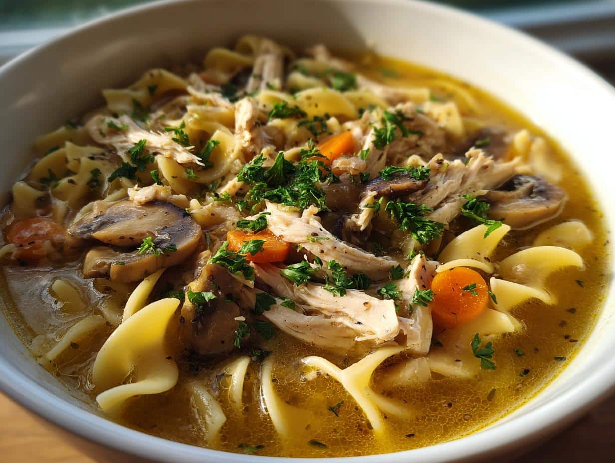 A close-up bowl of hearty Turkey Noodle Soup with Mushrooms, featuring egg noodles, shredded turkey, carrots, mushrooms, and parsley.