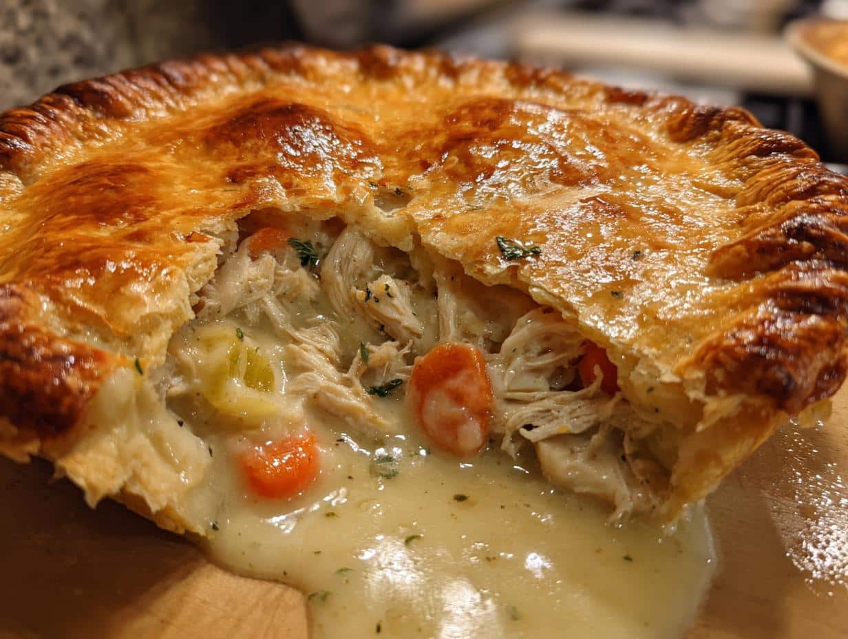 Close-up of a slice of Turkey Pot Pie with Herb Gravy, showing shredded turkey, carrots, and creamy gravy.