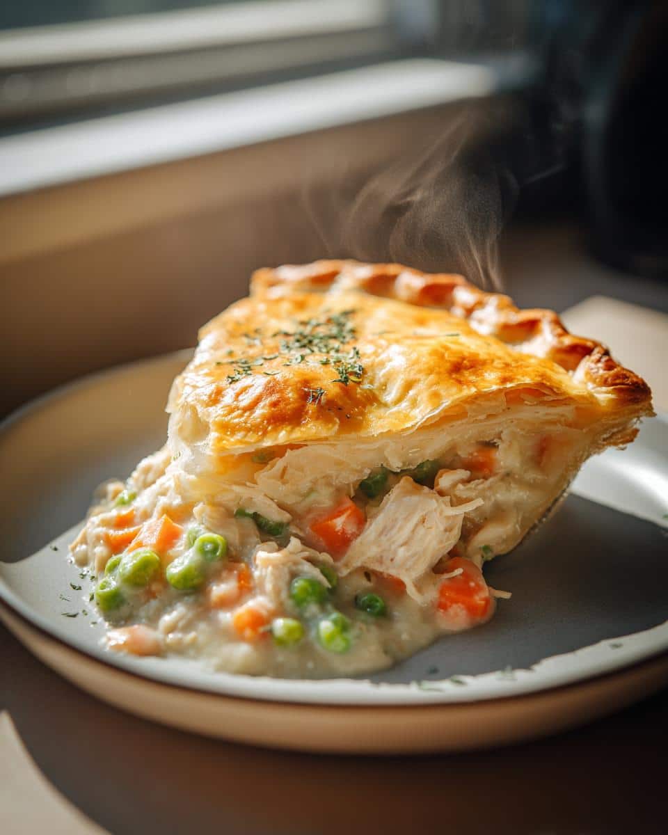 A slice of steaming hot Turkey Pot Pie with Peas and Carrots on a plate, with flaky golden crust.